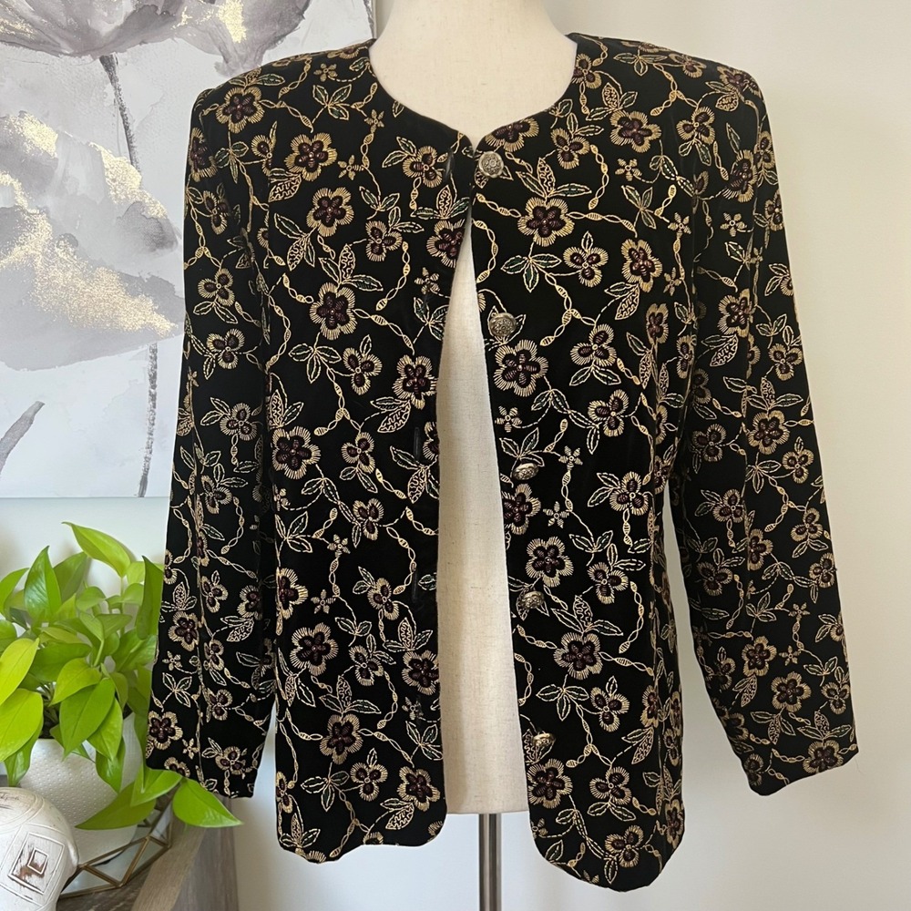 Vintage‎ Black Gold Floral Embroidered Jacket Cropped Evening Blazer Old Money